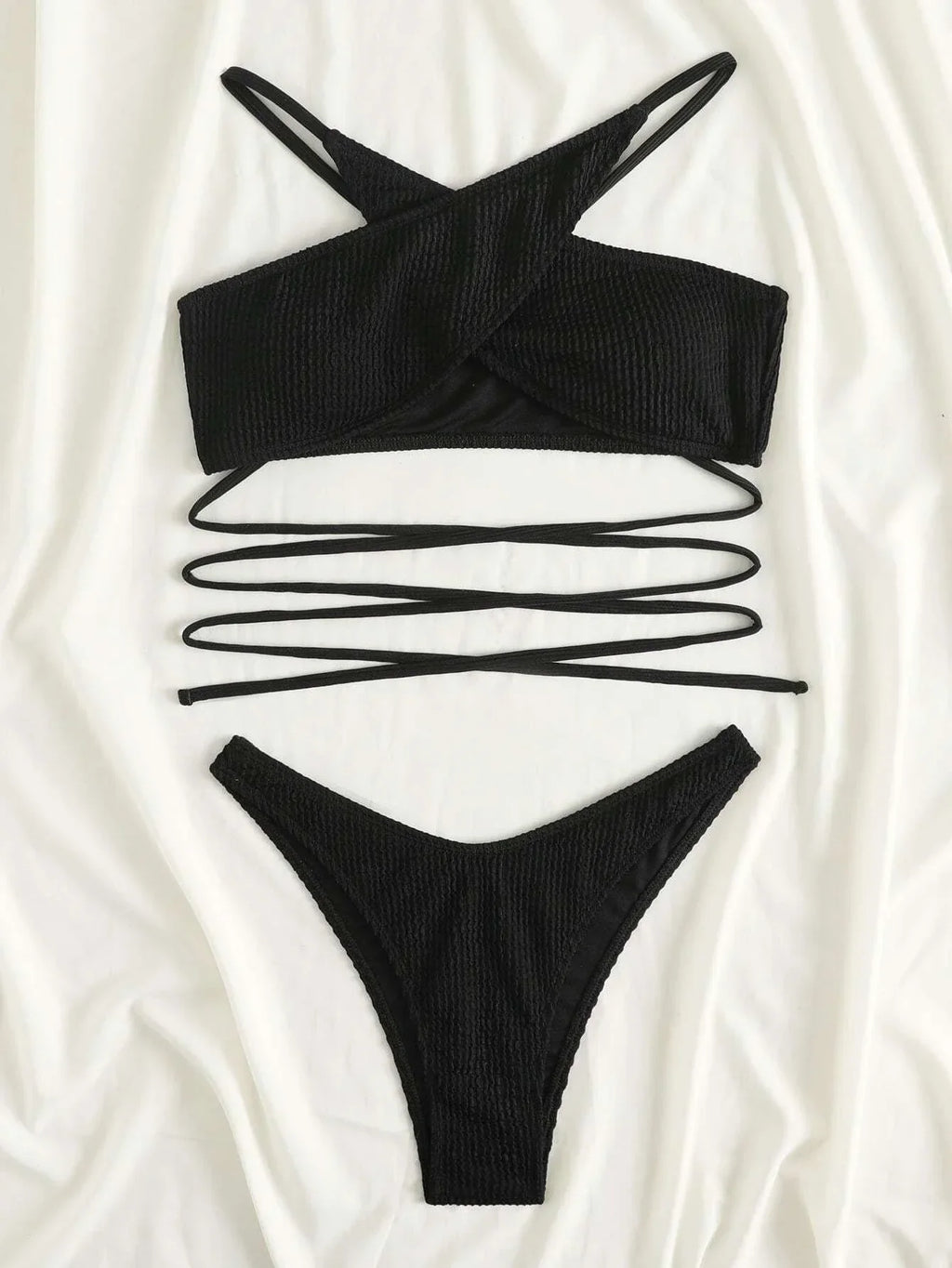 Rib Criss Cross Halter Bikini Swimsuit
