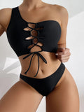 SXY Solid Lace Up Front One Shoulder Bikini