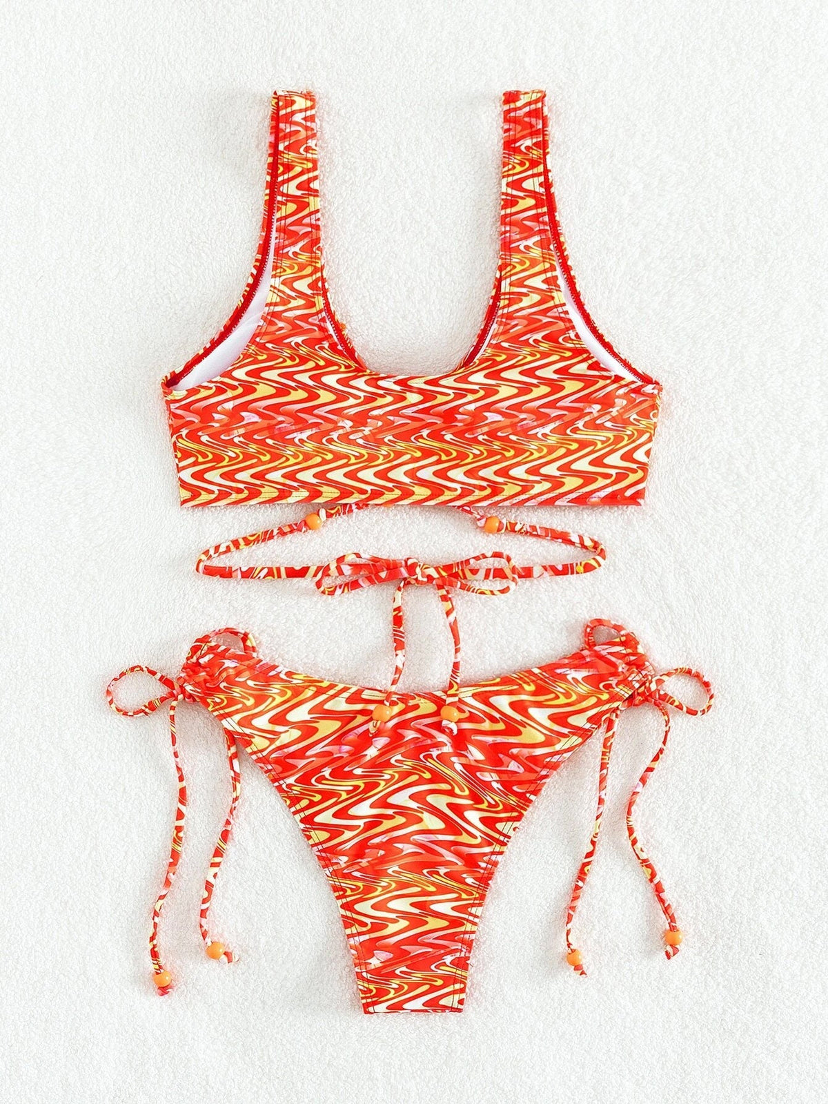 Random Fluid Pattern Print Tie Back Bead Decor Bikini Swimsuit