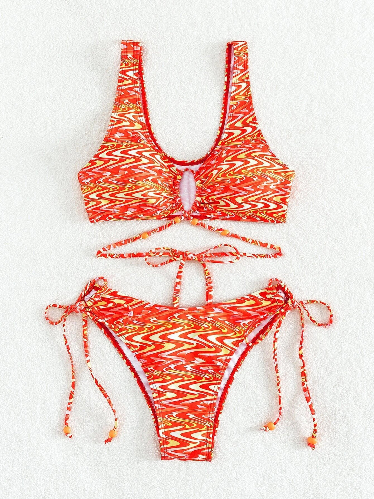Random Fluid Pattern Print Tie Back Bead Decor Bikini Swimsuit