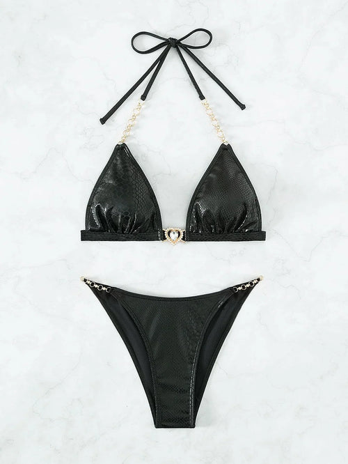 Chain Linked Halter Triangle Bikini Swimsuit