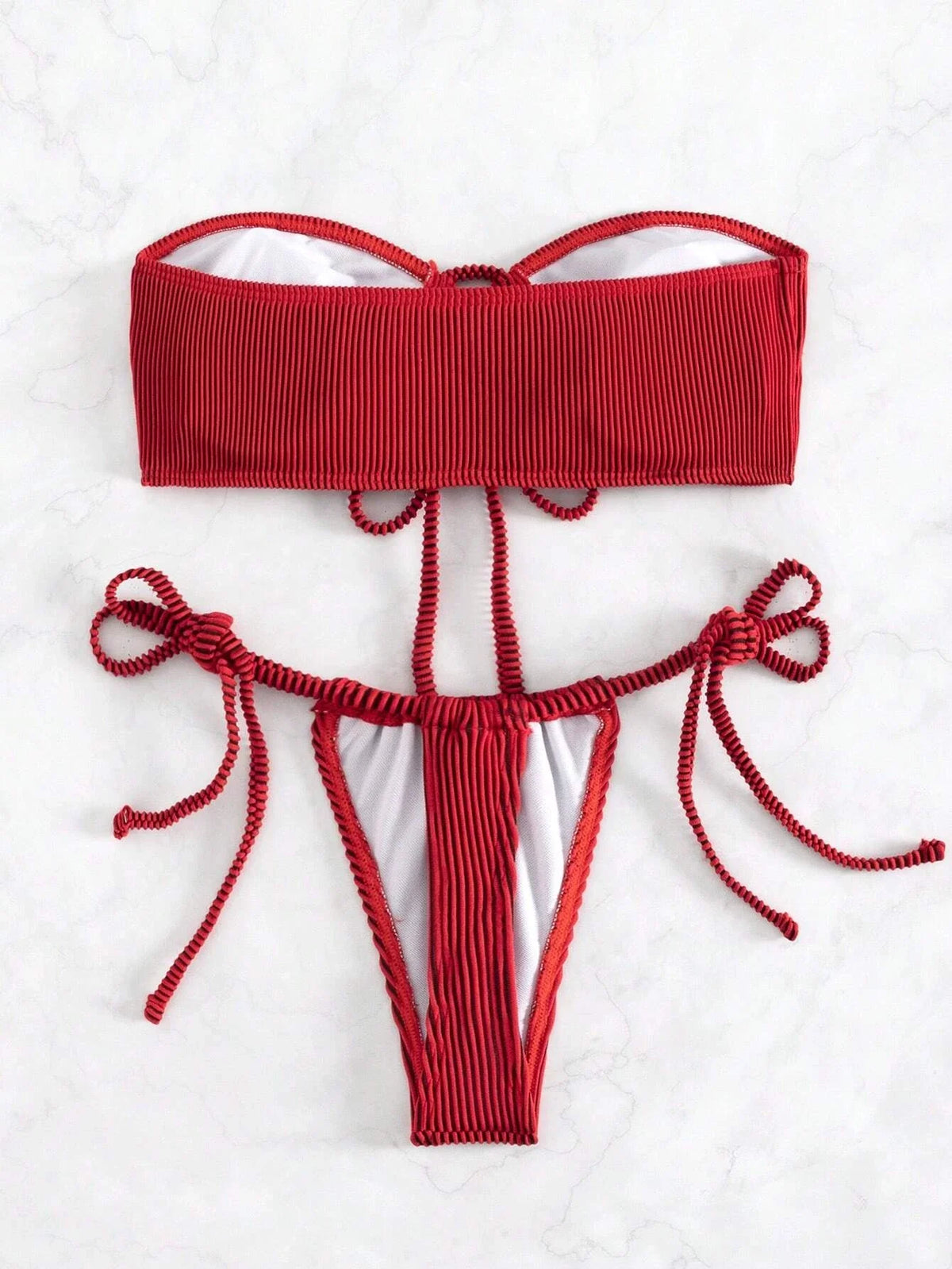 Solid Bandeau Tie Side Bikini Swimsuit